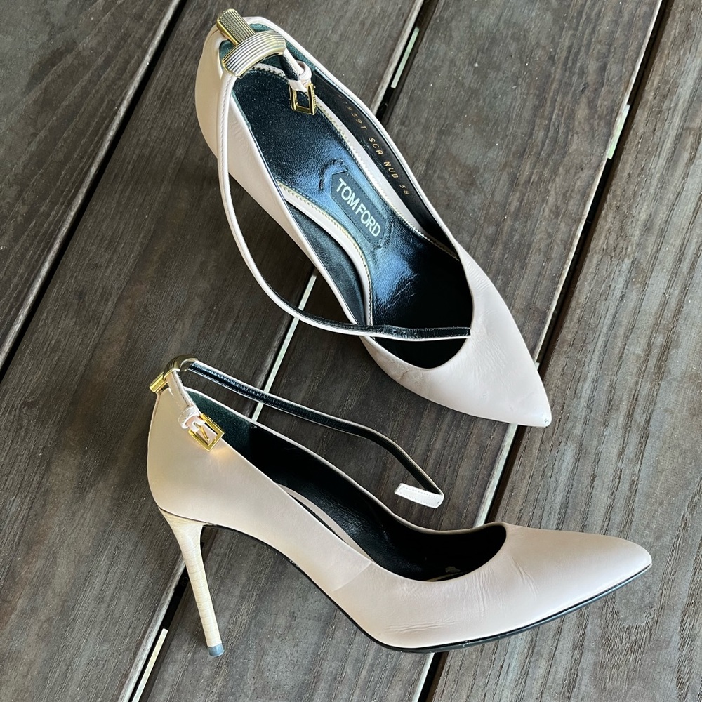 Goes with anything, a touch of lux- Tom Ford gold ankle strap nude pumps